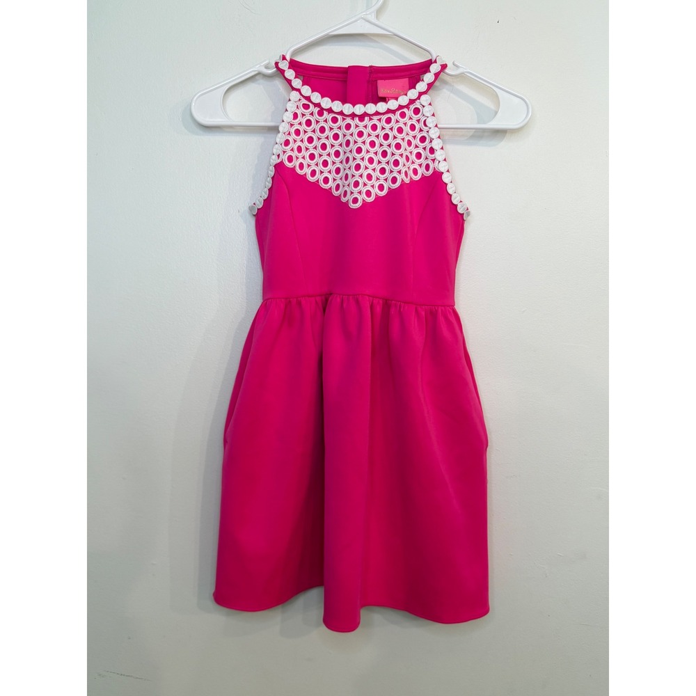 Lilly Pulitzer Girls Little Kinley Dress Hot Pink Circle Lace Halter Sz 8 EUC